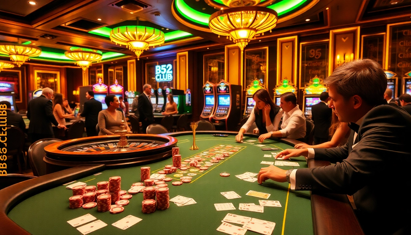 B52Club players enjoying a thrilling poker game at a vibrant casino table, reflecting excitement and luxury.