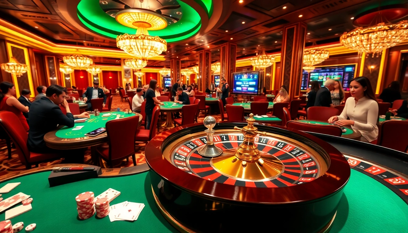 Experience thrilling gameplay at Go88's elegant casino tables with vibrant poker chips and roulette wheels.