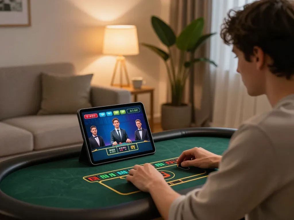 Player engaging in live dealer game on tablet, immersed in 789bet online gaming experience.