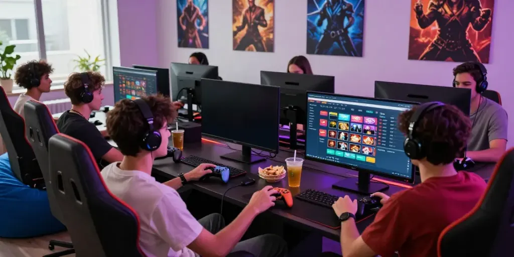 Exciting group gaming session at 11bet platform with vibrant lights and console.