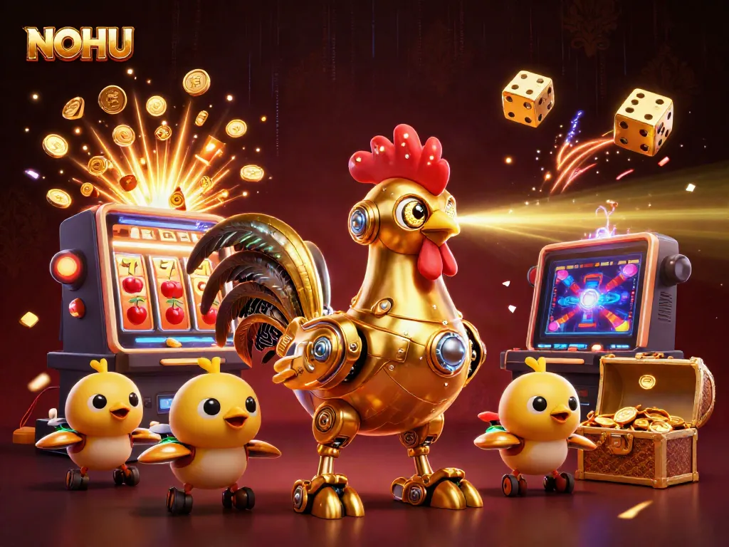 Experience the thrill of NOHU with a vibrant 3D casino scene showcasing games and jackpots.