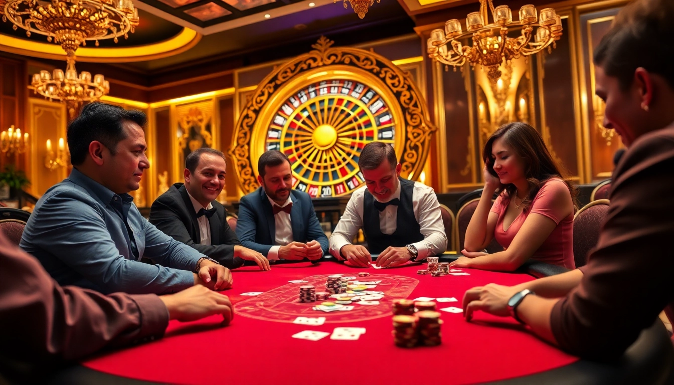 Players enjoying a high-stakes poker game at Haywin's luxurious online casino table, filled with vibrant colors and excitement.
