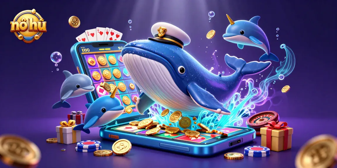 Experience the excitement of nổ hũ with a whimsical 3D casino scene featuring a cartoon whale and dolphins.