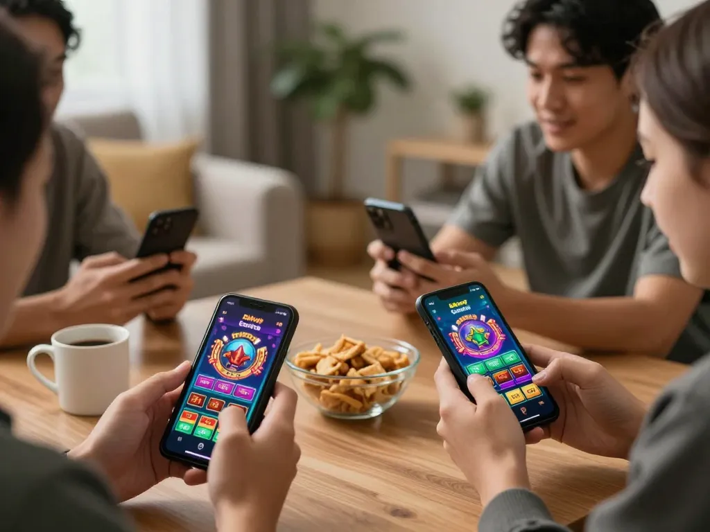 Players engaging with rikvip mobile app, showcasing thrilling online casino gameplay in a cozy atmosphere.
