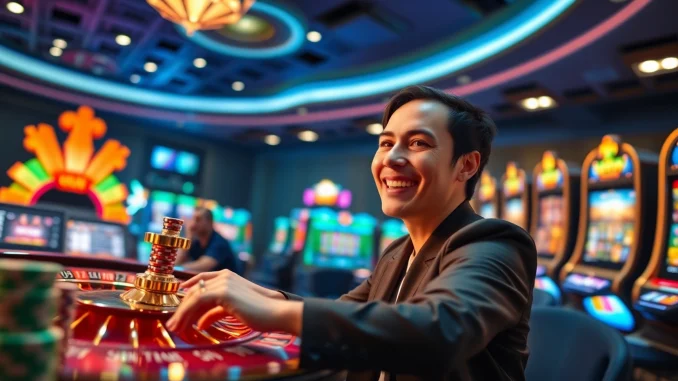 Experience high-stakes gambling with lode88 as players engage with vibrant slot machines and roulette.