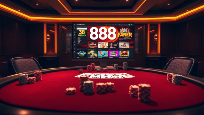 Players engage in thrilling games at 888NEW online casino with vibrant poker tables and digital interfaces.