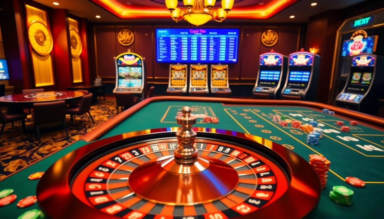 A vibrant casino scene featuring games and betting options from https://xx88.host, showcasing roulette and poker excitement.