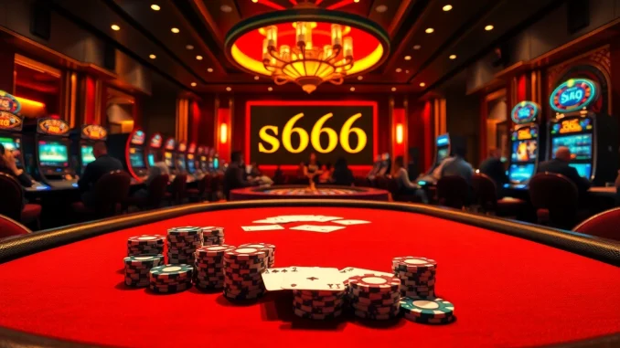 Engage with high-stakes action at the s666 casino poker table featuring vibrant chips and cards.