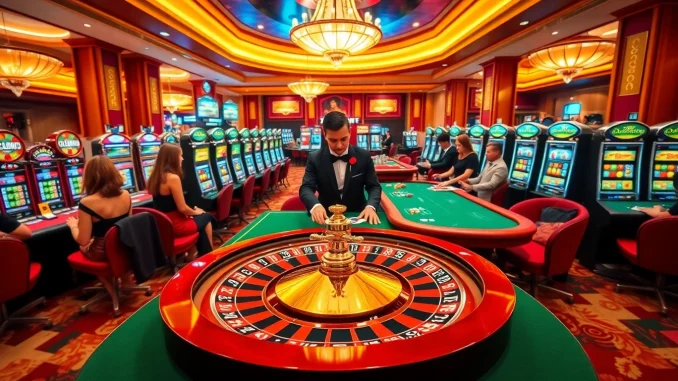 Players enjoying a thrilling gaming experience at the sv88 casino, featuring a luxury roulette wheel and poker tables.