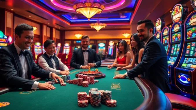 Players enjoying engaging games at NK88 casino, showcasing excitement with elegant tables and vibrant chips.
