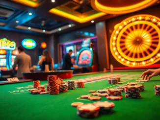 Experience the thrill of MB66 đăng nhập with players at a luxury casino table filled with cards and colorful poker chips.