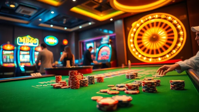 Experience the thrill of MB66 đăng nhập with players at a luxury casino table filled with cards and colorful poker chips.