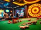 Experience the thrill of MB66 đăng nhập with players at a luxury casino table filled with cards and colorful poker chips.