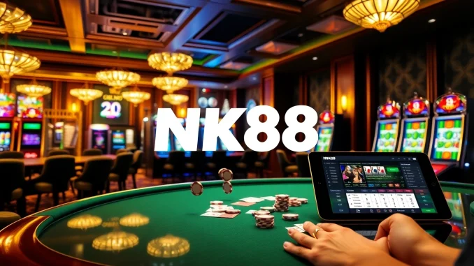 Visualize NK88 in an upscale casino with chips and cards creating an exciting gambling atmosphere.