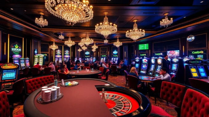 Experience the thrill of LUCK8 VIP with vibrant casino gaming tables and excited players.