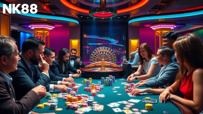Players engaging in strategic plays at NK88 casino table with poker chips and cards.