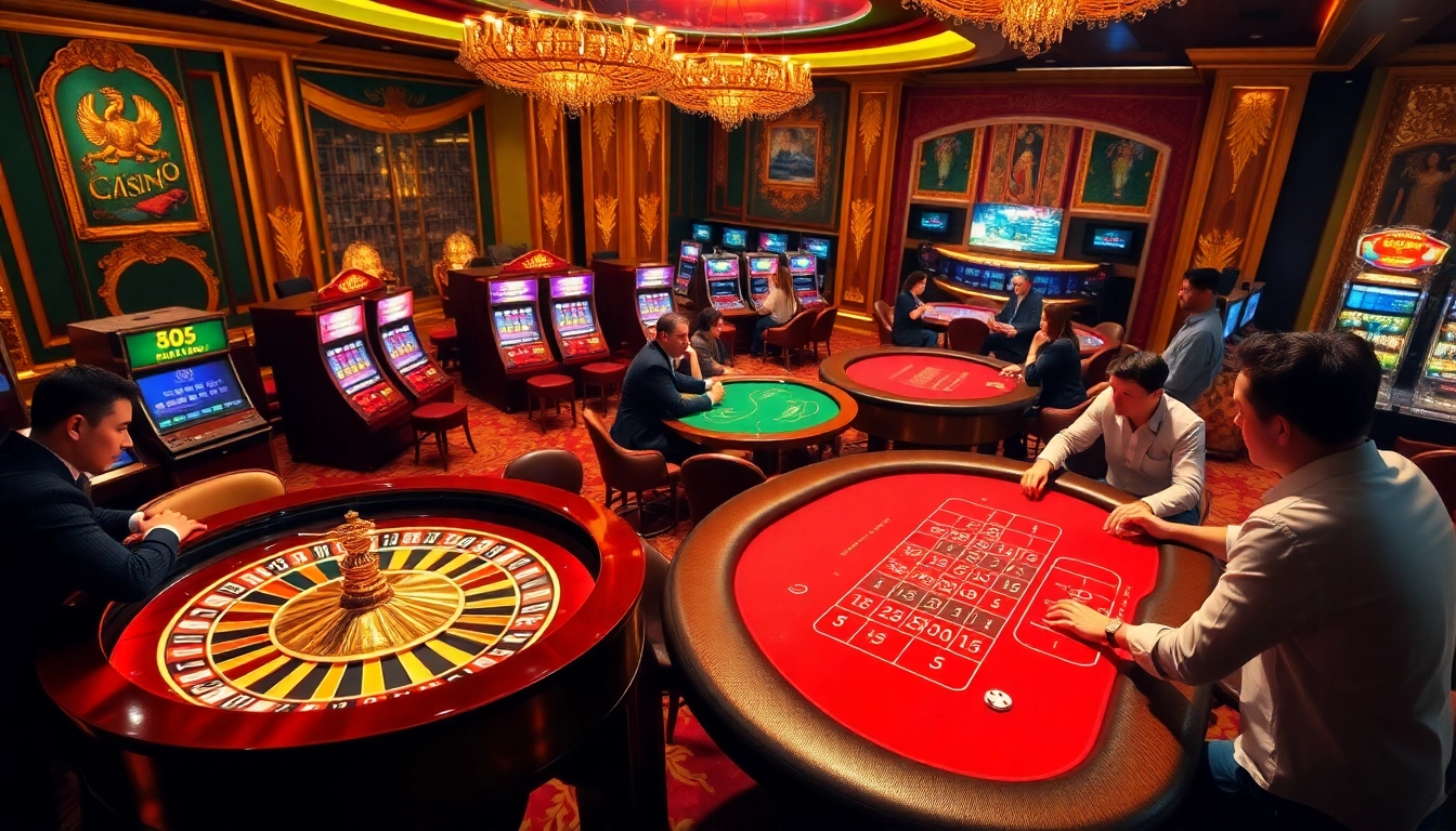 Exciting casino atmosphere at Trang Chủ XIN88 showcasing gaming tables and vibrant slot machines.