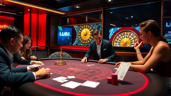 Players placing bets at a stylish poker table, experiencing the thrill of Lu88.com.