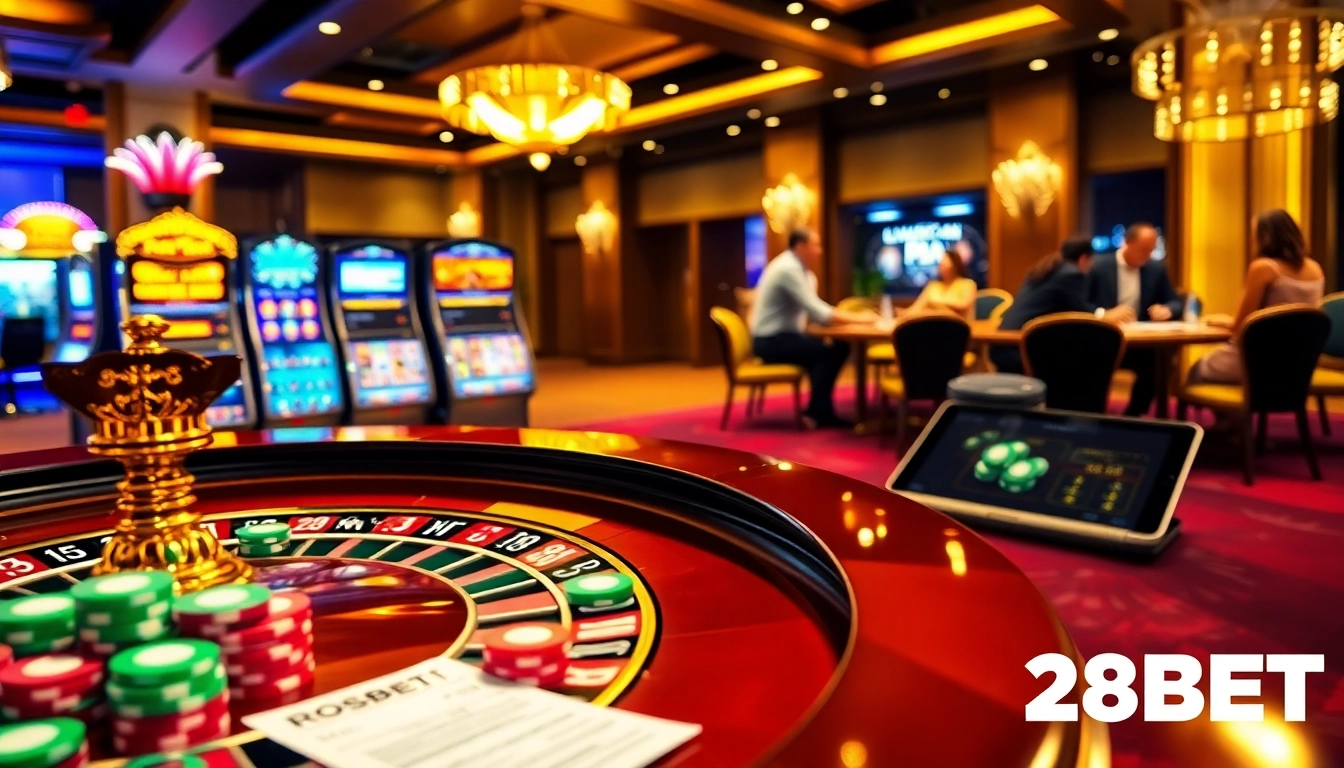 Experience the excitement of betting at 28BET with vibrant casino elements like roulette and poker.