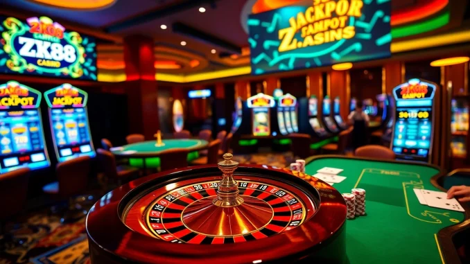 Experience the thrill of ZK88 with poker chips and a spinning roulette wheel in an elegant casino scene.