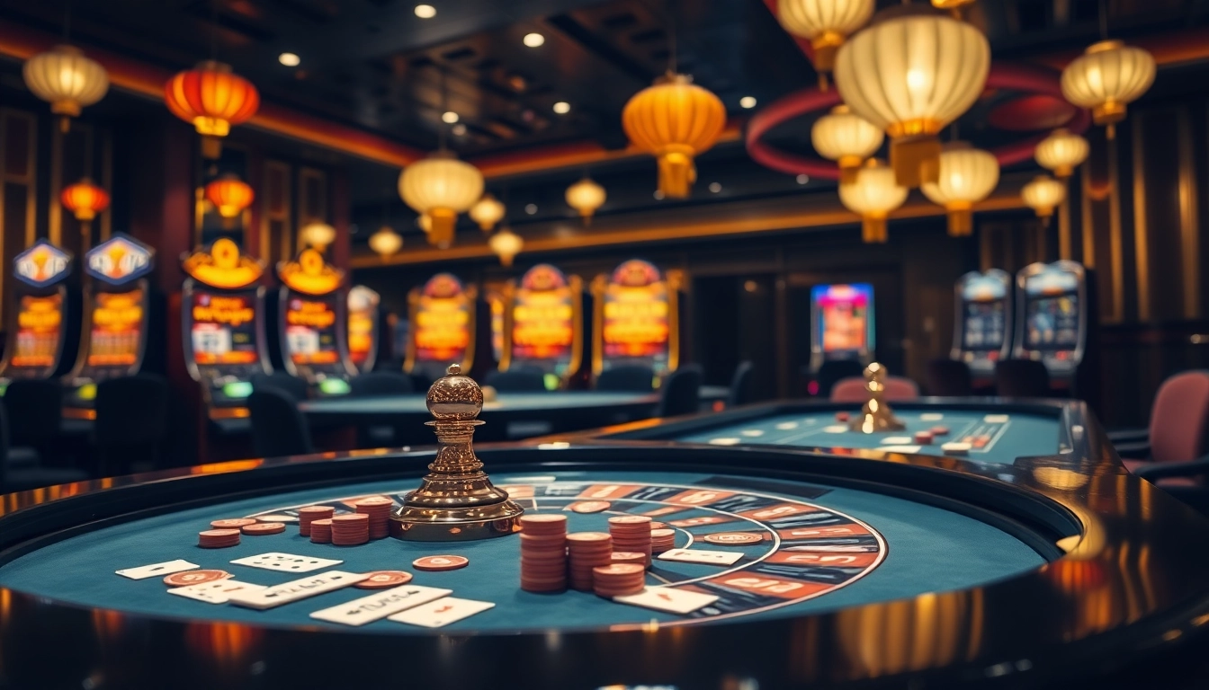 Experience the thrill of hhkungfu-inspired gambling in a luxurious casino setting with vibrant roulette tables.