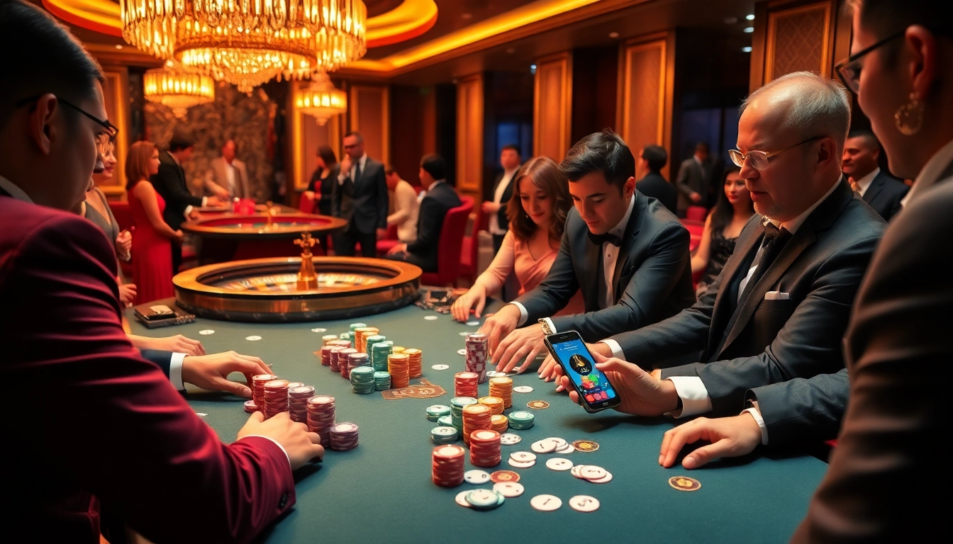 Exciting poker gameplay at a luxurious casino, showcasing nk88 app on a smartphone.