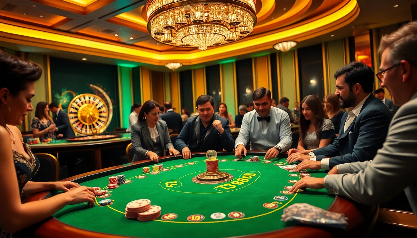 Players enjoying a thrilling TR88 casino game with vibrant chips and cards, highlighting excitement.