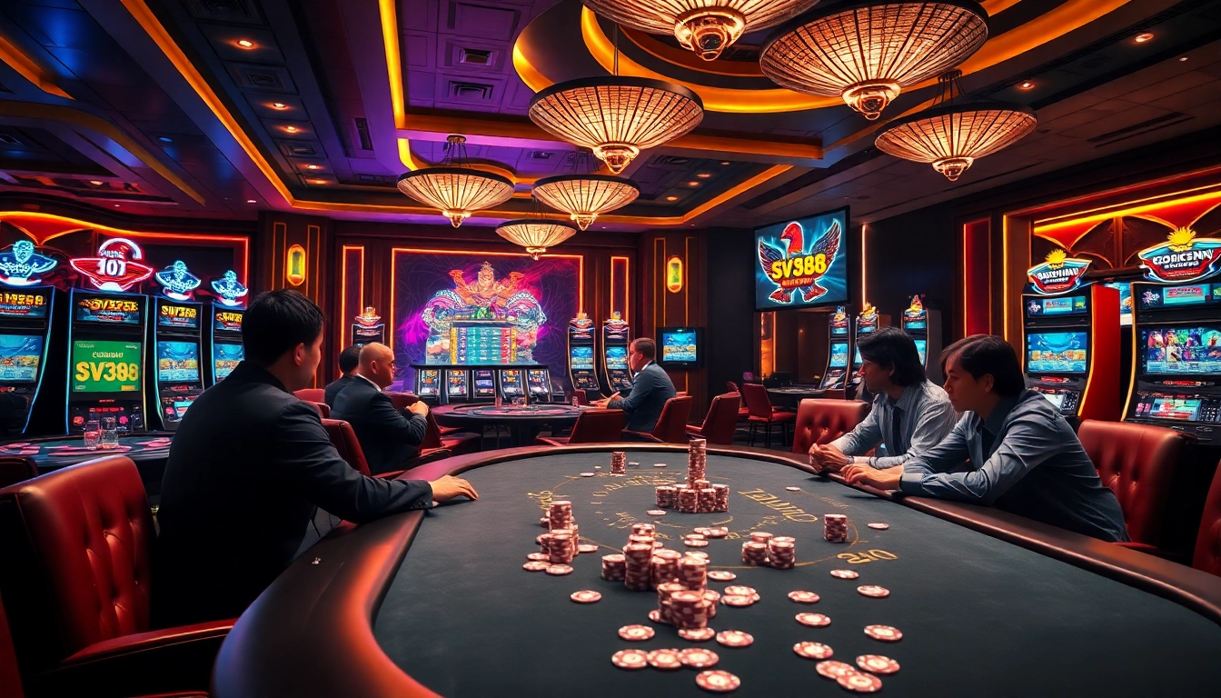 Engage in thrilling sv388 online cockfighting with live action, vibrant colors, and elegant casino atmosphere.