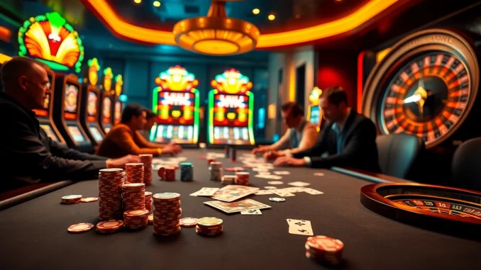 Exciting scene at F168 OKVIP casino table featuring poker chips and high-stakes players.