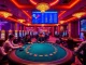 ZK88 players engaging in high-stakes poker, showcasing luxury in an exciting casino atmosphere.