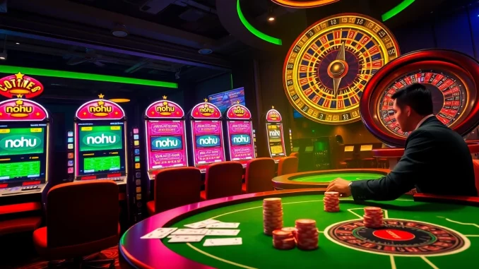 Nohu online casino interface with players enjoying slot machines and poker tables, showcasing thrilling gambling action.