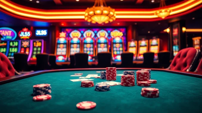 Experience the thrill of casino gaming at https://www.jl55.club/ with vibrant poker chips and luxurious slot machines.