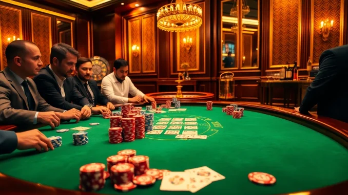 Players strategize at a high-stakes poker table in a luxurious casino featuring the 789P atmosphere.