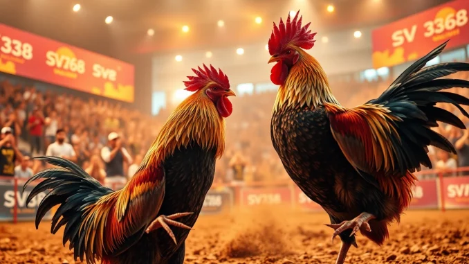 Live cockfighting action at SV368, showcasing fierce competition and vibrant atmosphere.