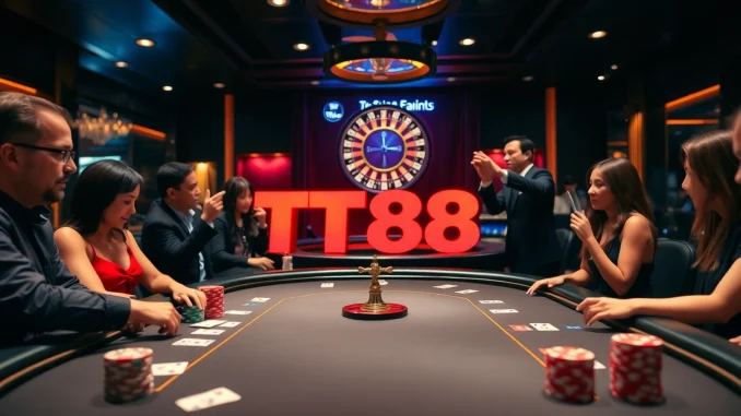 Engaging players at a vibrant TT88 poker table inside a luxurious casino setting.