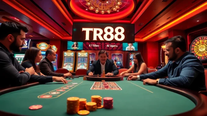 Experience the thrill of gaming at TR88 with poker chips and vibrant slot machines.