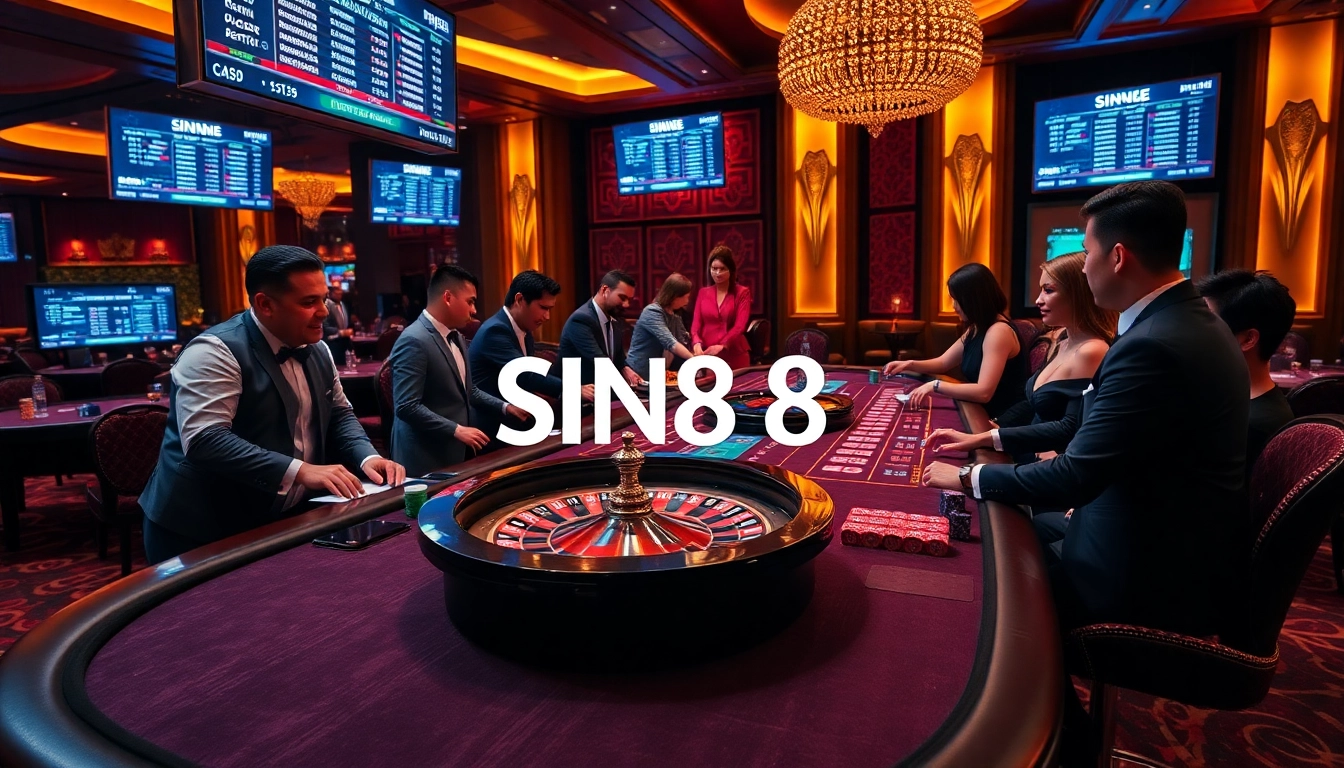 SIN88 gambling scene with players at a luxurious gaming table and roulette wheel.