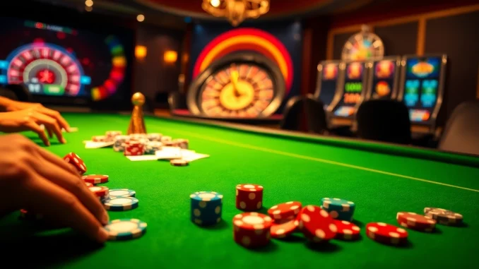 Experience the vibrant excitement of winvn with poker chips and a roulette wheel in play.