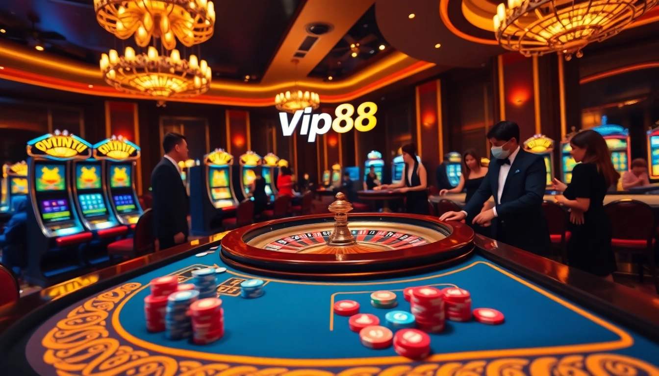Vip88 casino players strategizing at vibrant tables with roulette and slot machines.