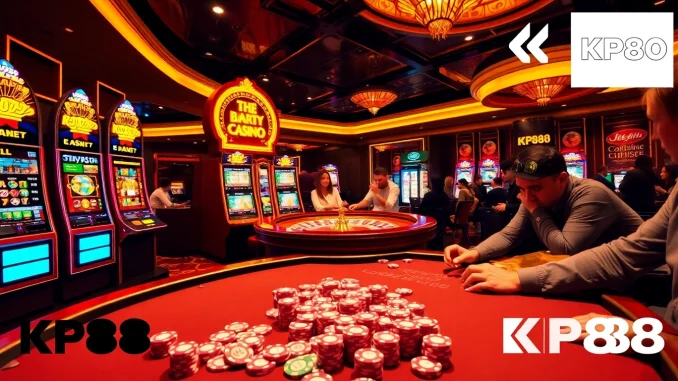 Kp88 gaming environment with players at a roulette table and vibrant slot machines.
