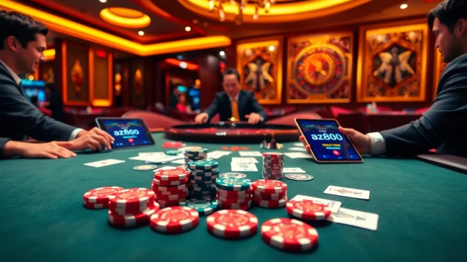 Experience thrilling action at az888's luxurious casino table with vibrant poker chips and professional players.