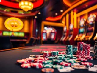 Engage in an exciting gambling scene at the j88 casino with vibrant poker chips and illuminated tables.