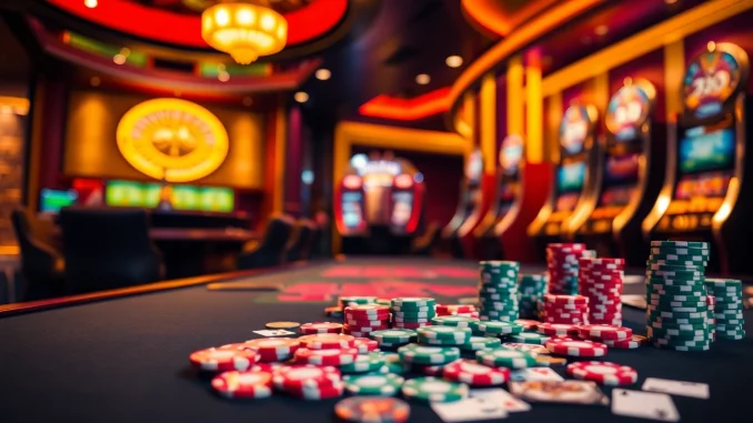 Engage in an exciting gambling scene at the j88 casino with vibrant poker chips and illuminated tables.