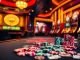 Engage in an exciting gambling scene at the j88 casino with vibrant poker chips and illuminated tables.