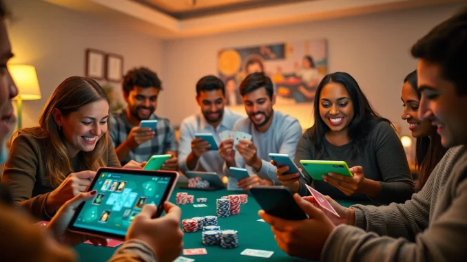 An engaging online gaming scene on topgamebaidoithuong.mx, featuring players enjoying card games on their devices.