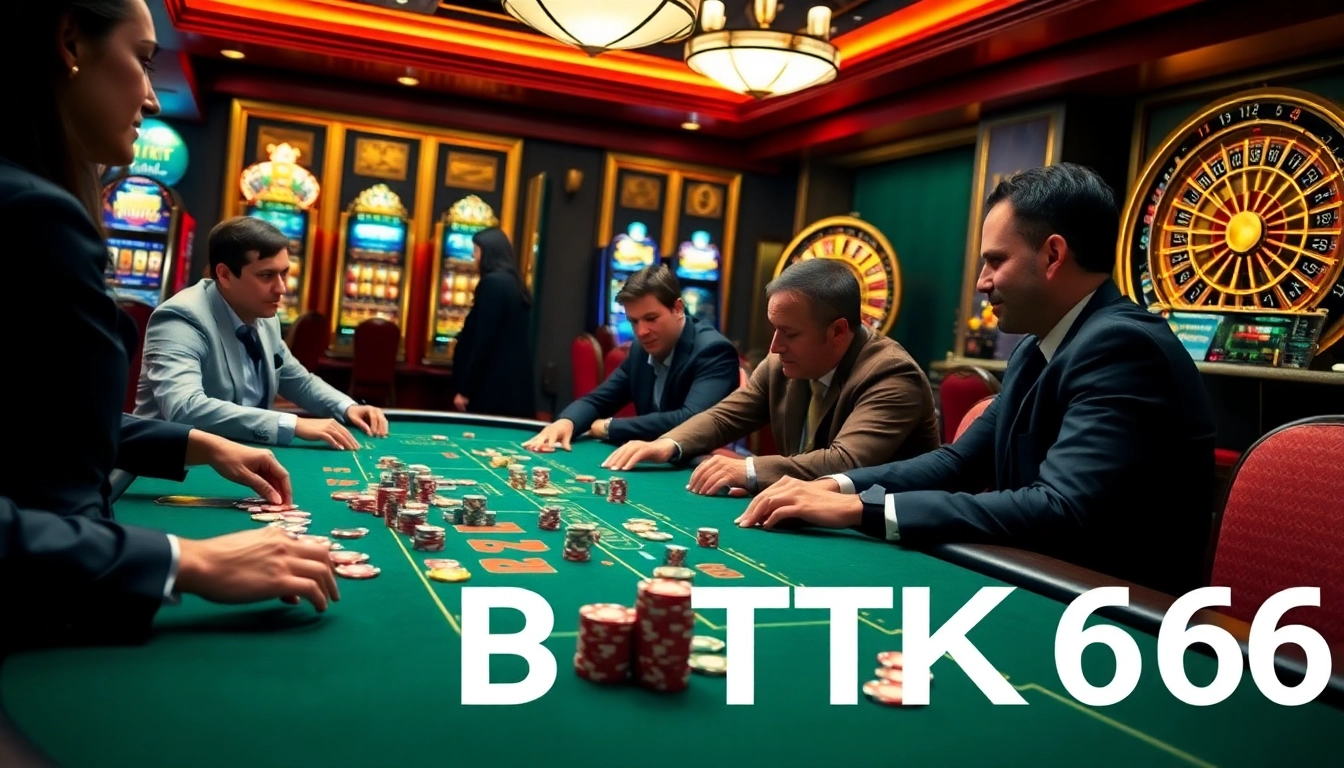Players strategizing at a poker table, capturing the excitement of gambling with BDTK66 elements.