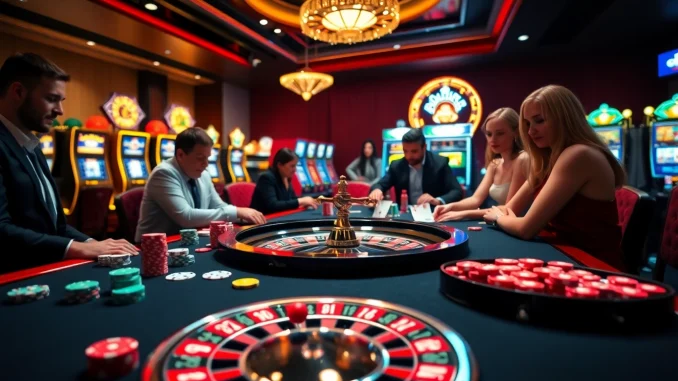Engaging players at a luxurious casino table featuring vibrant elements symbolic of uk88 gaming experience.