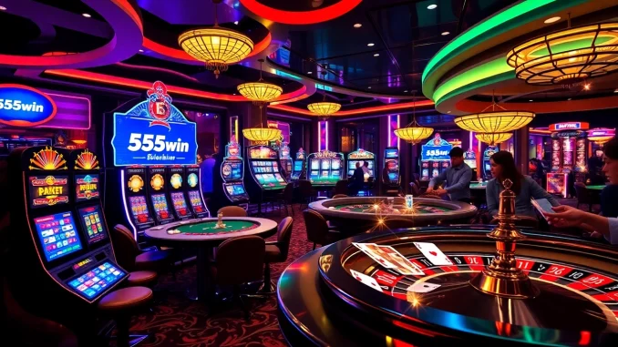 Players enjoying a thrilling game experience at 555win casino with vibrant slot machines.