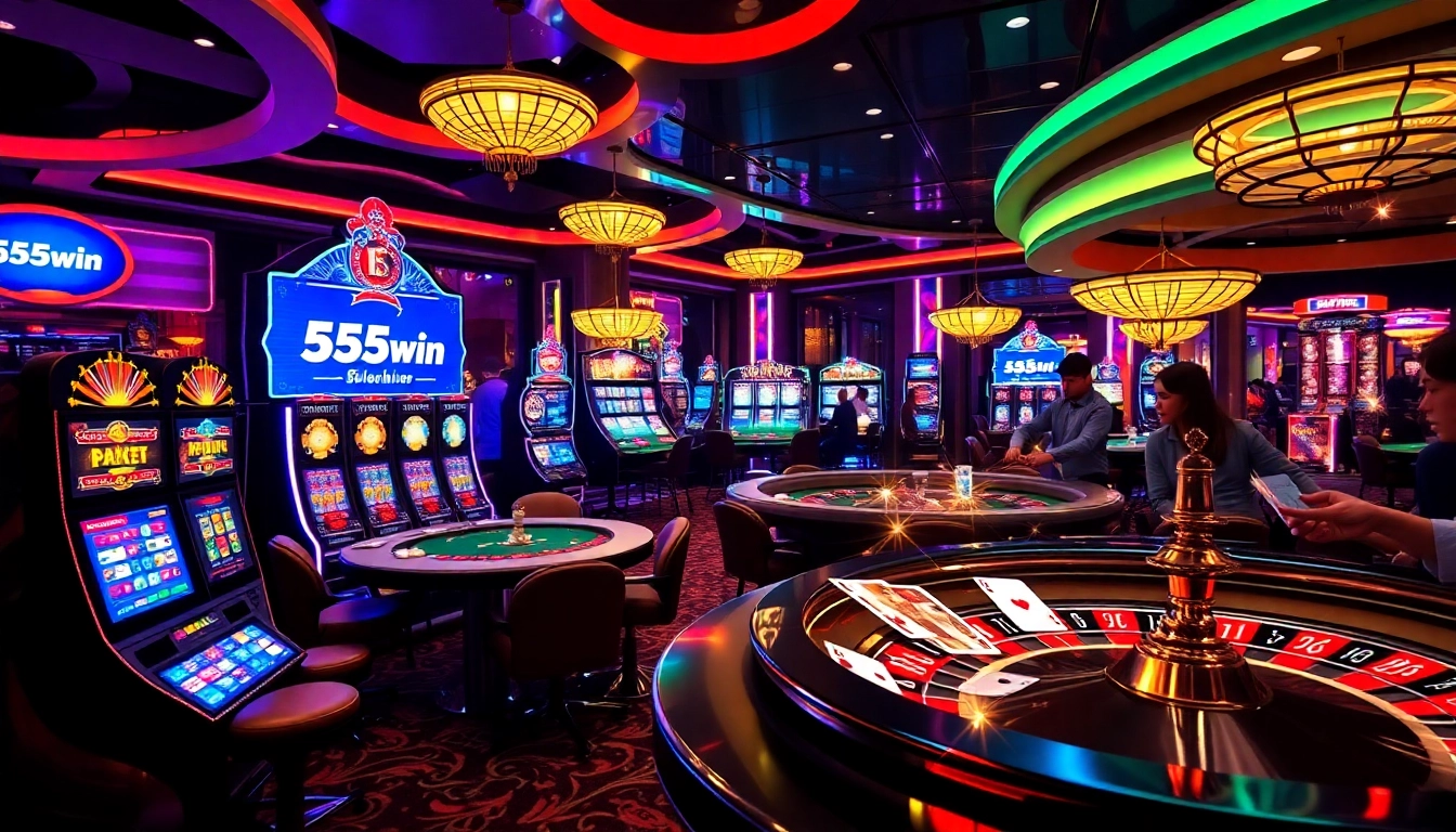 Players enjoying a thrilling game experience at 555win casino with vibrant slot machines.