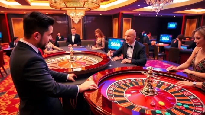 S666 casino players enjoying a thrilling round at a roulette table with vibrant decor.